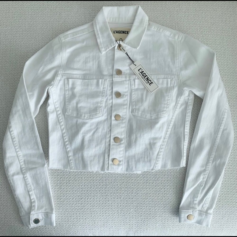 🔥 🧷 NWT L’AGENCE ARIA SAFETY PIN CROPPED DENIM JEAN JACKET - Picture 9 of 13
